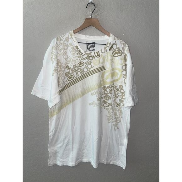 Ecko Unlimited Shirt Design White Gold Tee Y2K Graphic Striped 2000s 2XL XXL - Picture 1 of 13